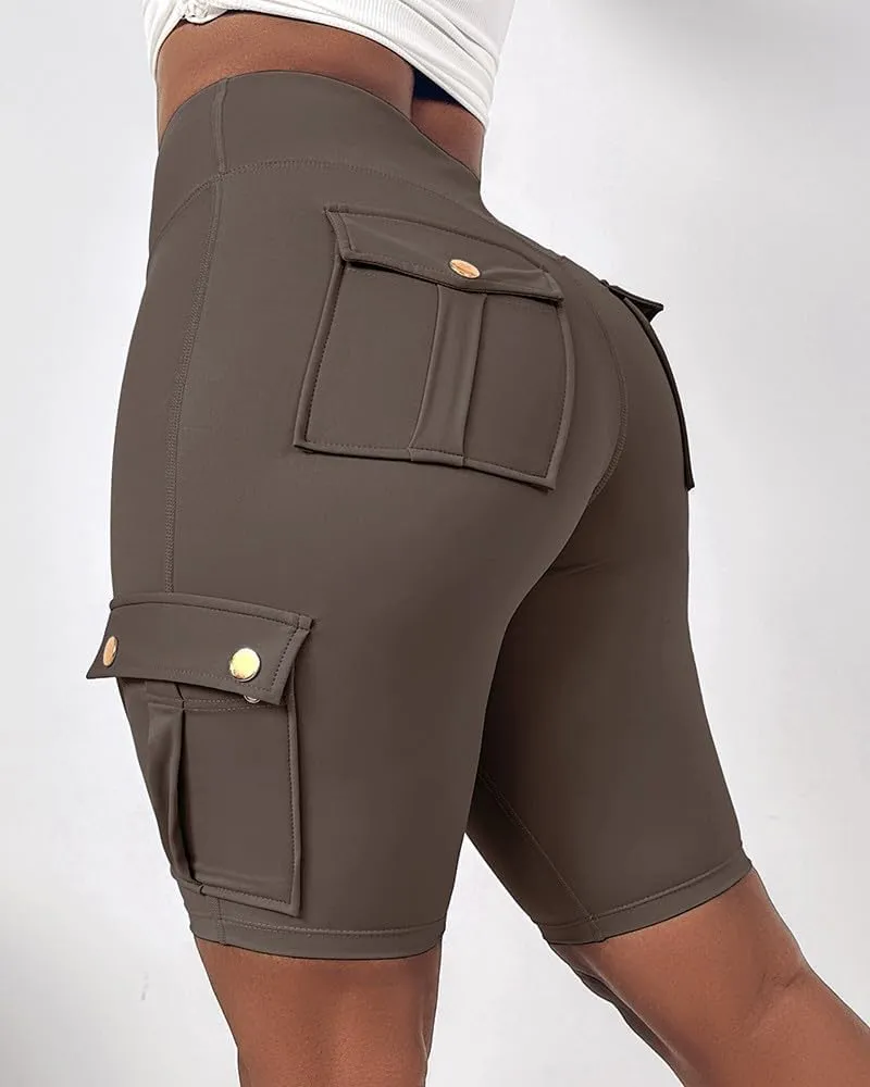 Womens Workout Shorts with Pocket Tummy Control Cargo Shorts Knee Length Butt Lifting High Waisted Biker Yoga Legging