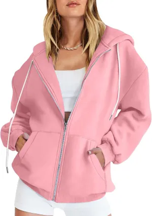 Women's Zipper Open Front Hoodies Fall Fashion 2023 Casual Solid Long Sleeve Pocket Jacket Coats Y2K Winter Clothes