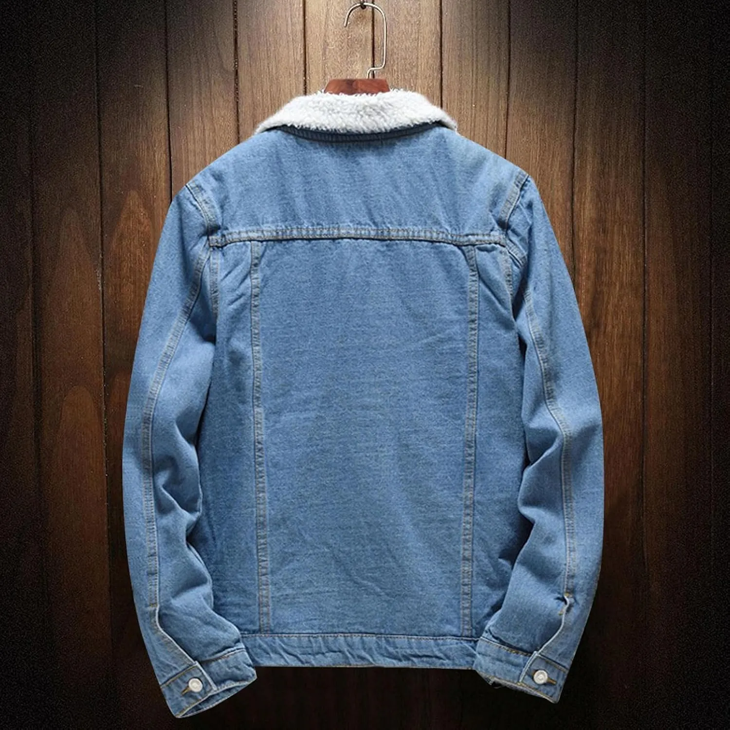 WUAI-Men Fleece Vintage Jean Jackets Sherpa Lined Denim Trucker Jackets Winter Warm Faux Fur Collar Cowboy Coat