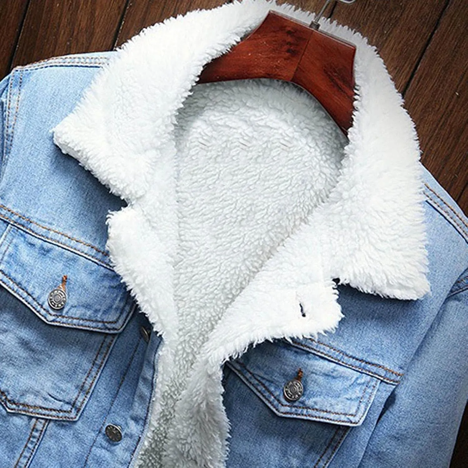 WUAI-Men Fleece Vintage Jean Jackets Sherpa Lined Denim Trucker Jackets Winter Warm Faux Fur Collar Cowboy Coat