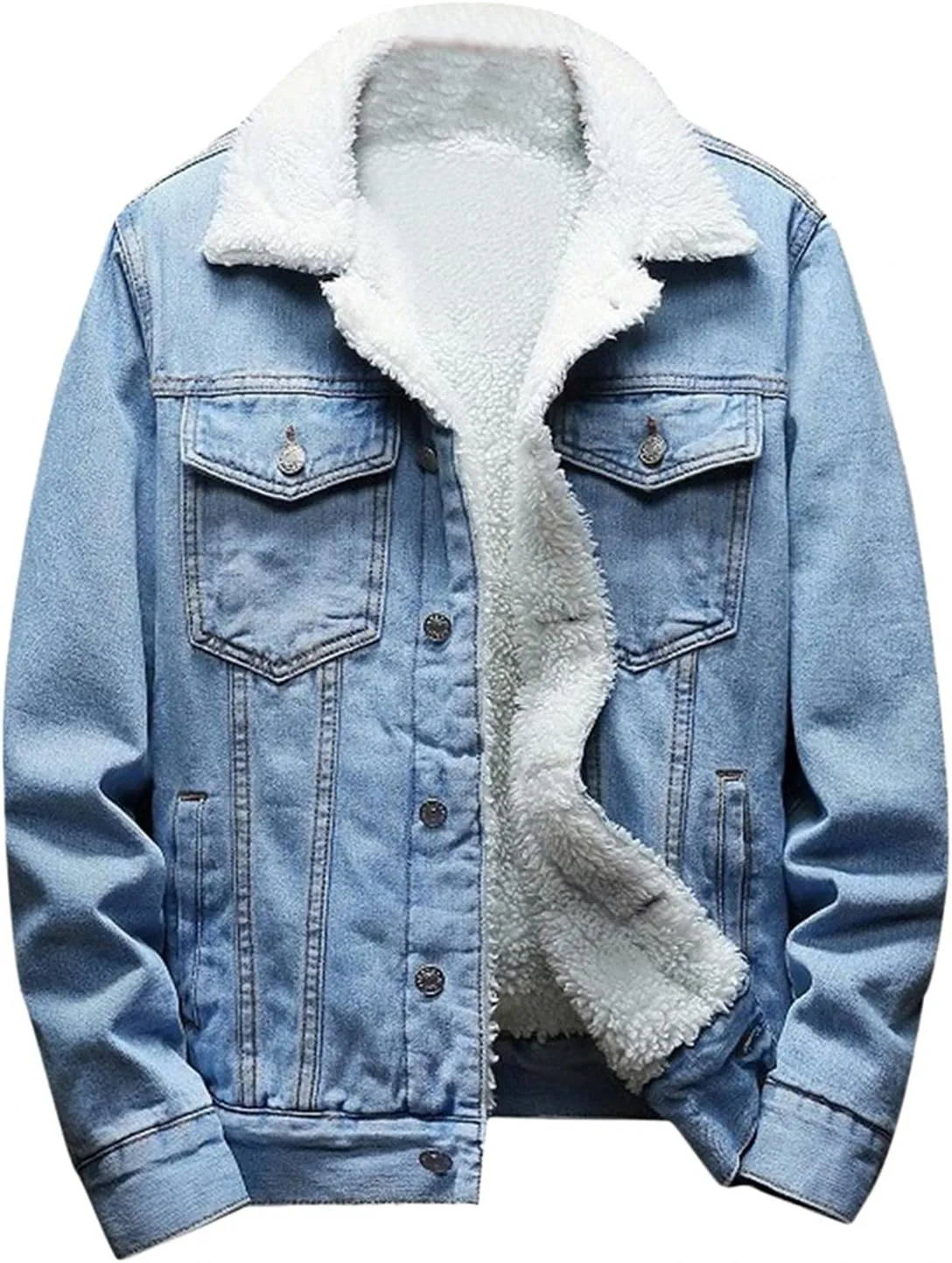 WUAI-Men Fleece Vintage Jean Jackets Sherpa Lined Denim Trucker Jackets Winter Warm Faux Fur Collar Cowboy Coat