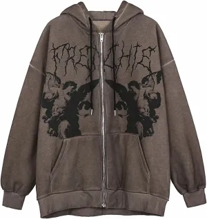 XBTCLXEBCO Women's Oversized Hoodie Sweatshirt Graphic Print Long Sleeve Zipper Hooded Coat Vintage Loose Jacket With Pockets