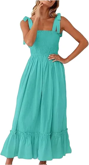 XUNRYAN 2025 Women's Summer Boho Spaghetti Strap Dresses Square Neck Tiered Ruffle A Line Beach Long Maxi Dress Sundress