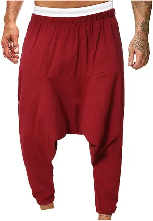 XUNRYAN Men's Linen Harem Palazzo Pants Lightweight Loose Fit Long Elastic Waist Casual Beach Yoga Trousers Cropped Joggers