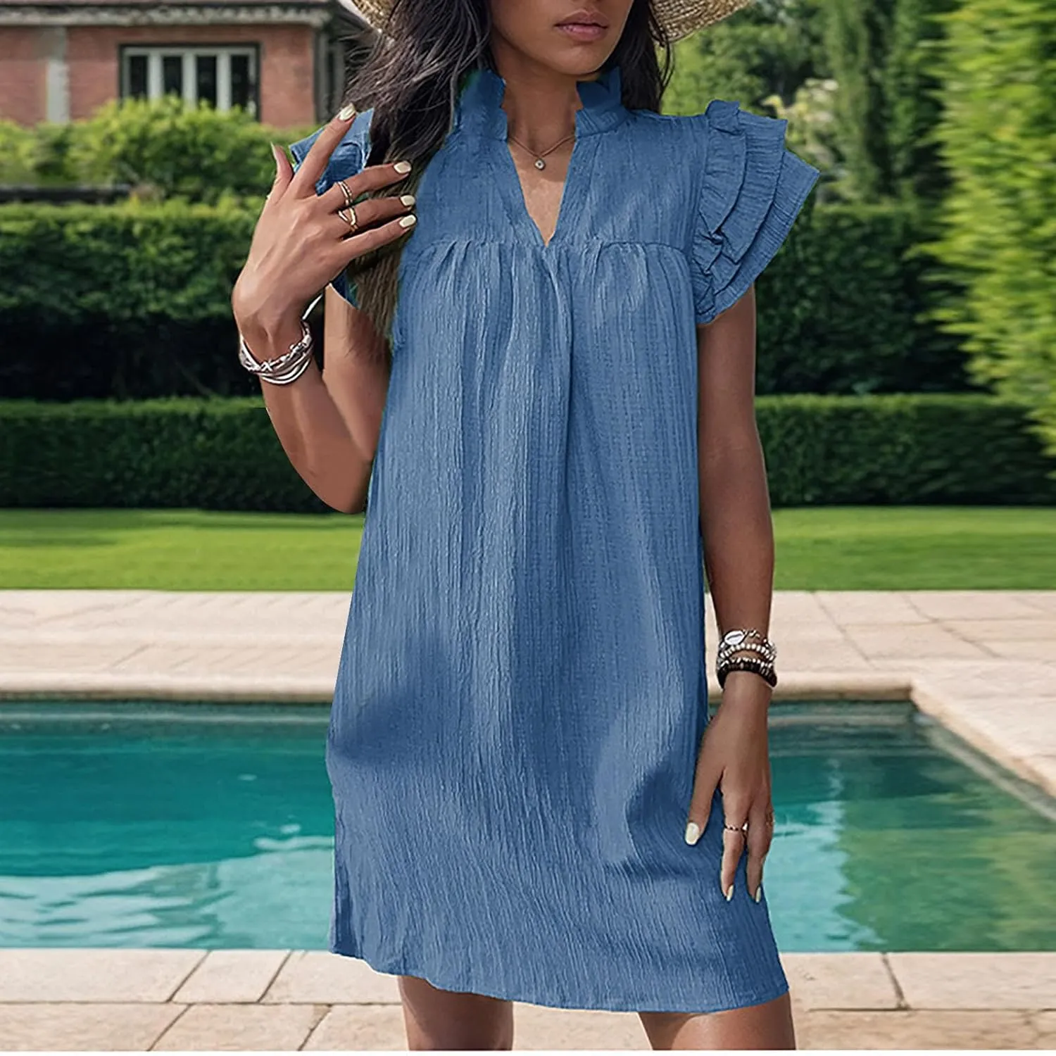 XUNRYAN Tank Dresses for Women 2024 Summer Casual Ruffle Textured Short Mini Dress Trendy Sundress Beach Vacation Outfit