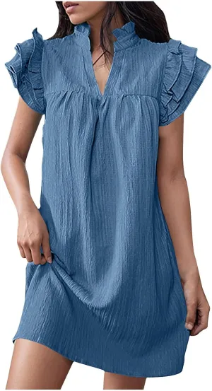 XUNRYAN Tank Dresses for Women 2024 Summer Casual Ruffle Textured Short Mini Dress Trendy Sundress Beach Vacation Outfit