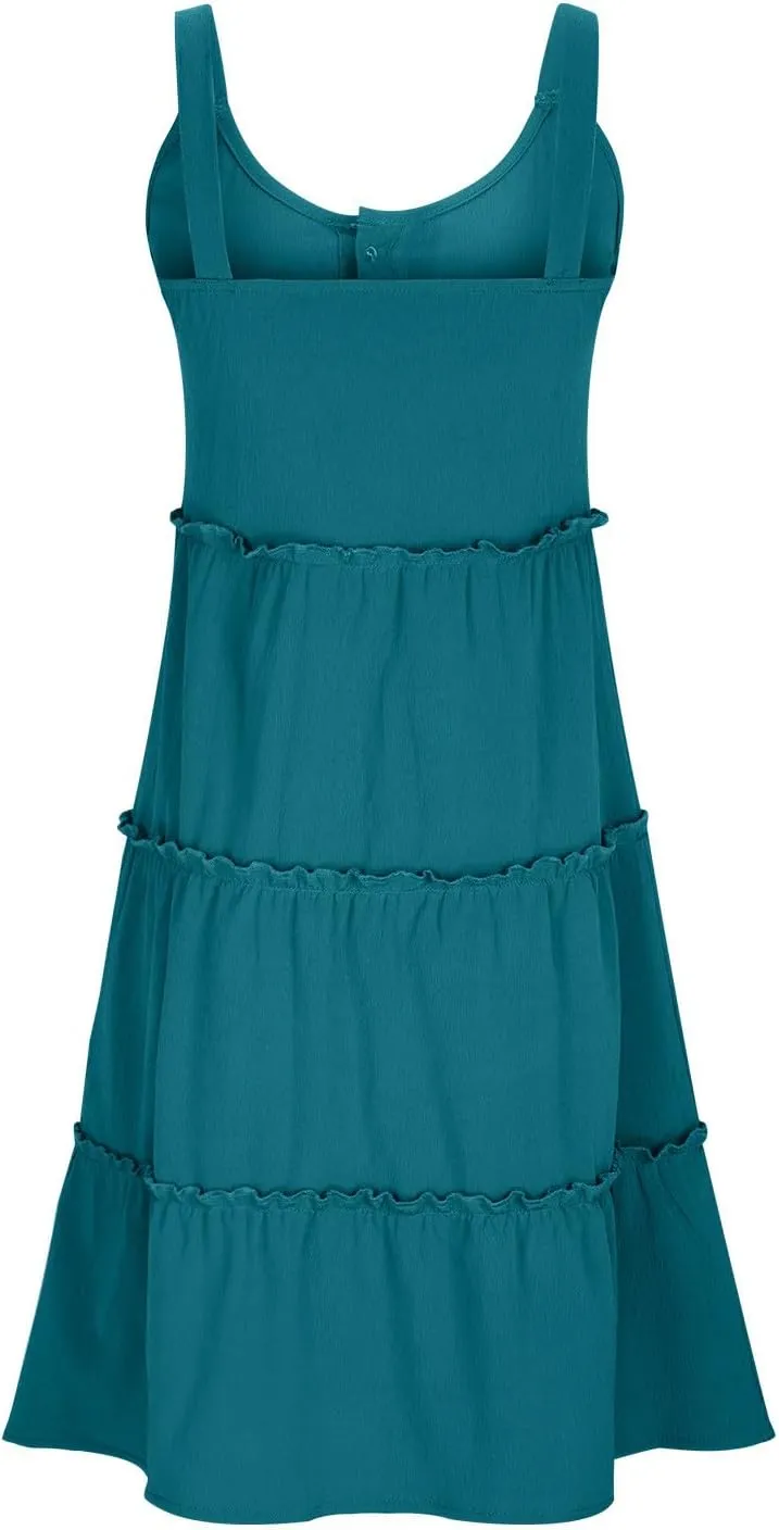 XUNRYAN Womens Tank Dresses Summer Trendy Spaghetti Strap Mini Dress Casual Button Sundress Tiered Ruffle Vacation Outfit