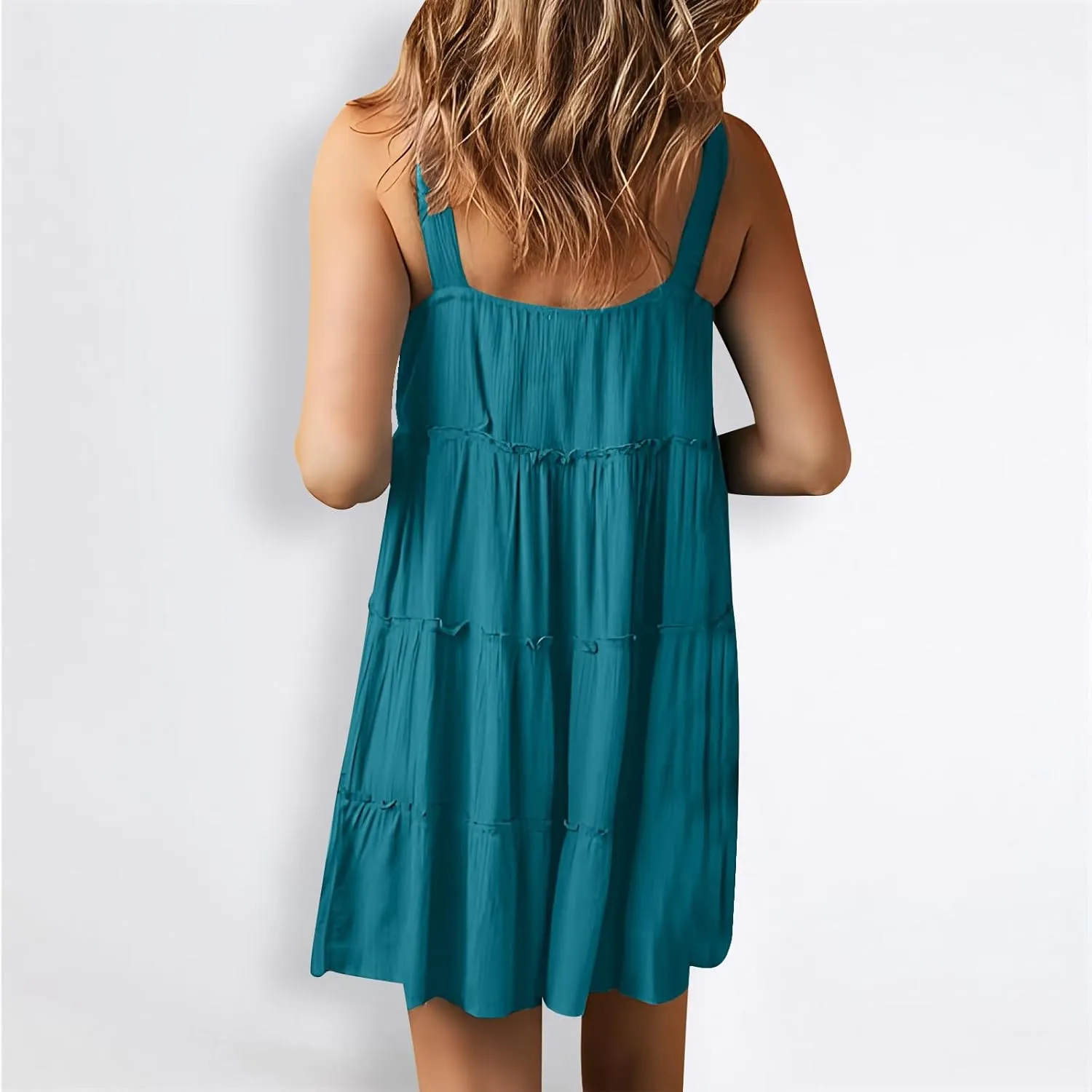 XUNRYAN Womens Tank Dresses Summer Trendy Spaghetti Strap Mini Dress Casual Button Sundress Tiered Ruffle Vacation Outfit