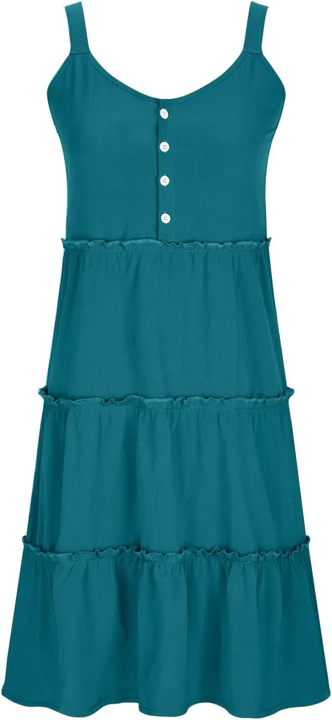 XUNRYAN Womens Tank Dresses Summer Trendy Spaghetti Strap Mini Dress Casual Button Sundress Tiered Ruffle Vacation Outfit