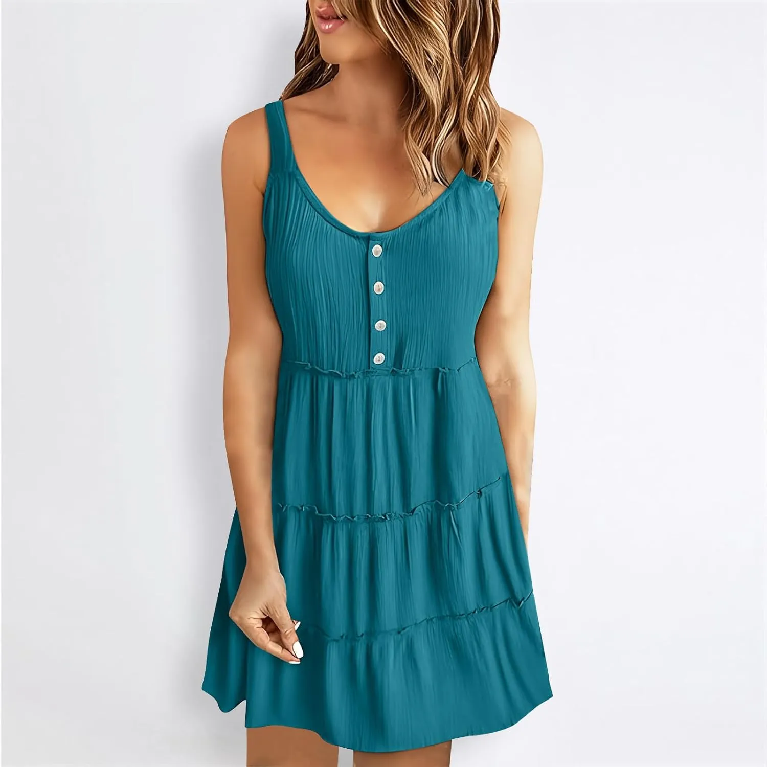 XUNRYAN Womens Tank Dresses Summer Trendy Spaghetti Strap Mini Dress Casual Button Sundress Tiered Ruffle Vacation Outfit