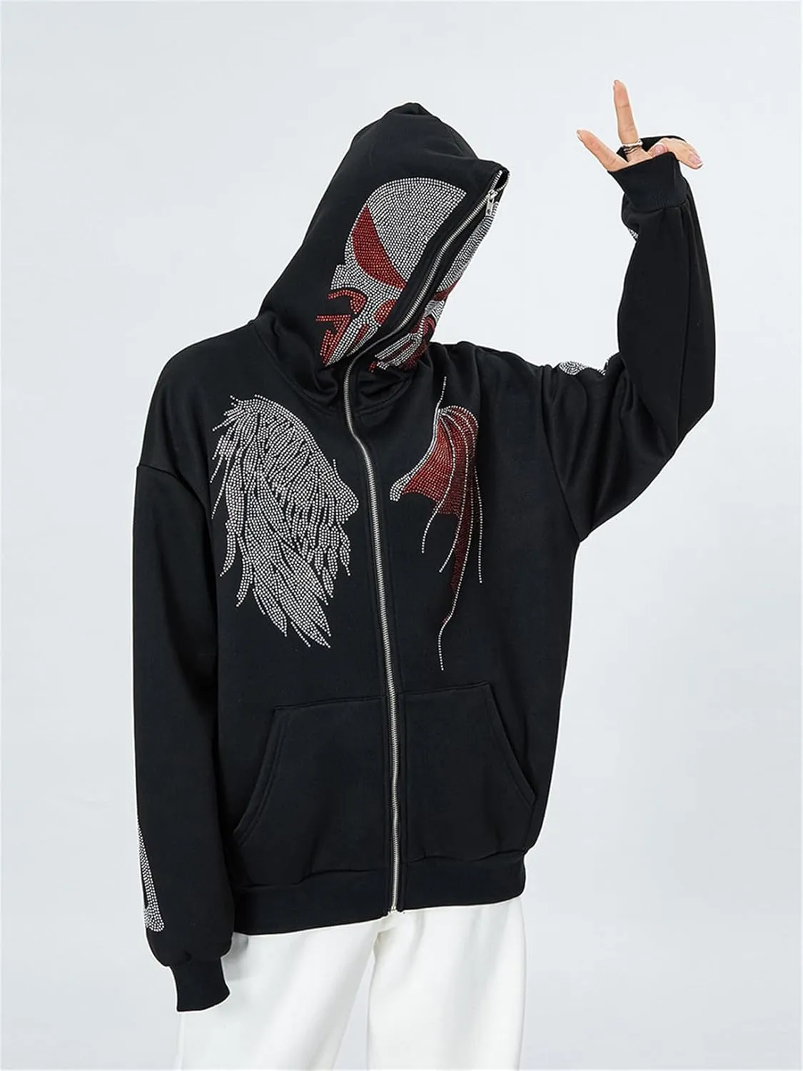 Y2k Full Zip Up Hoodies for Women Men Oversized Skeleton Graphic Over Face Sweatshirt Goth Punk Hip Hop Jacket Coat