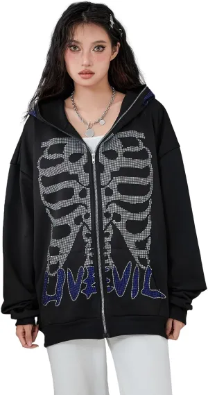 Y2k Full Zip Up Hoodies for Women Men Oversized Skeleton Graphic Over Face Sweatshirt Goth Punk Hip Hop Jacket Coat