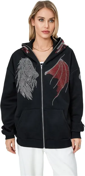 Y2k Full Zip Up Hoodies for Women Men Oversized Skeleton Graphic Over Face Sweatshirt Goth Punk Hip Hop Jacket Coat