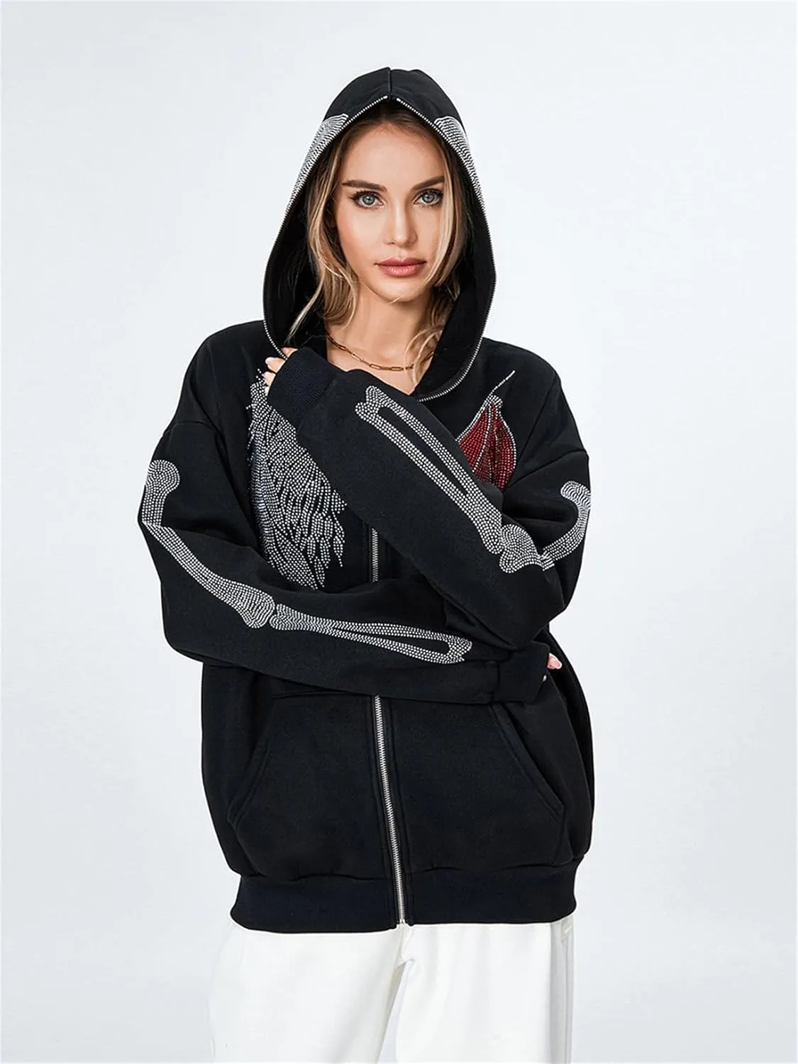 Y2k Full Zip Up Hoodies for Women Men Oversized Skeleton Graphic Over Face Sweatshirt Goth Punk Hip Hop Jacket Coat