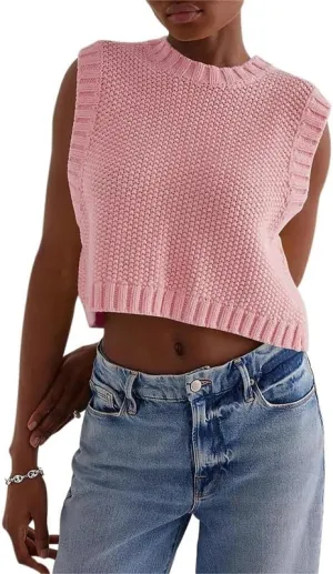 Y2K Women Backless Tie Up Knit Crop Sweater Vest Sleeveless Round Neck Split Open Back Pullover Fall Tank Tops
