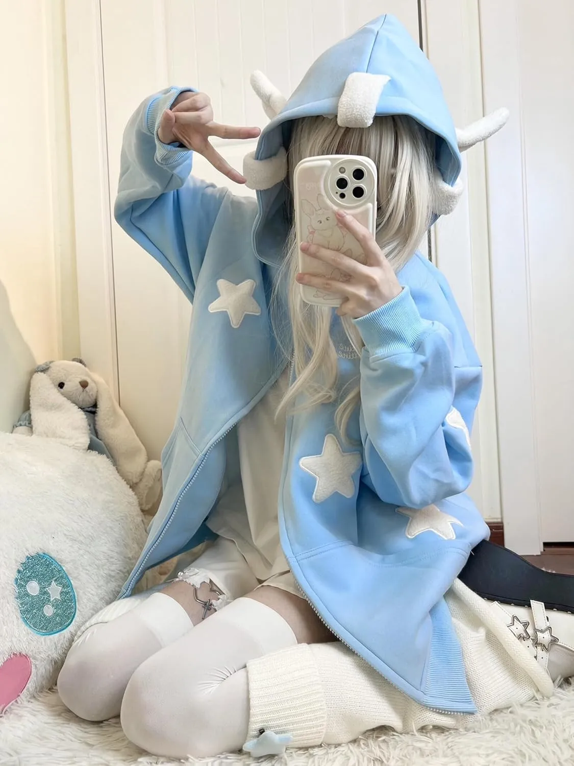 YEMOCILE Women Cute Shark Hoodie Long Sleeve Blue Kawaii Animal Shark Shape Hooded Pullover Sweatshirts