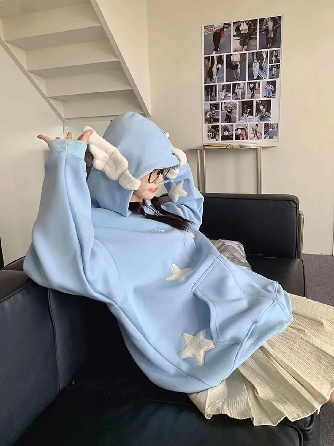 YEMOCILE Women Cute Shark Hoodie Long Sleeve Blue Kawaii Animal Shark Shape Hooded Pullover Sweatshirts
