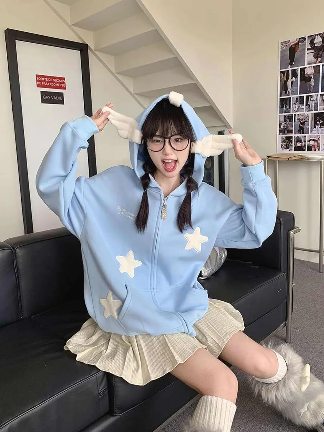 YEMOCILE Women Cute Shark Hoodie Long Sleeve Blue Kawaii Animal Shark Shape Hooded Pullover Sweatshirts