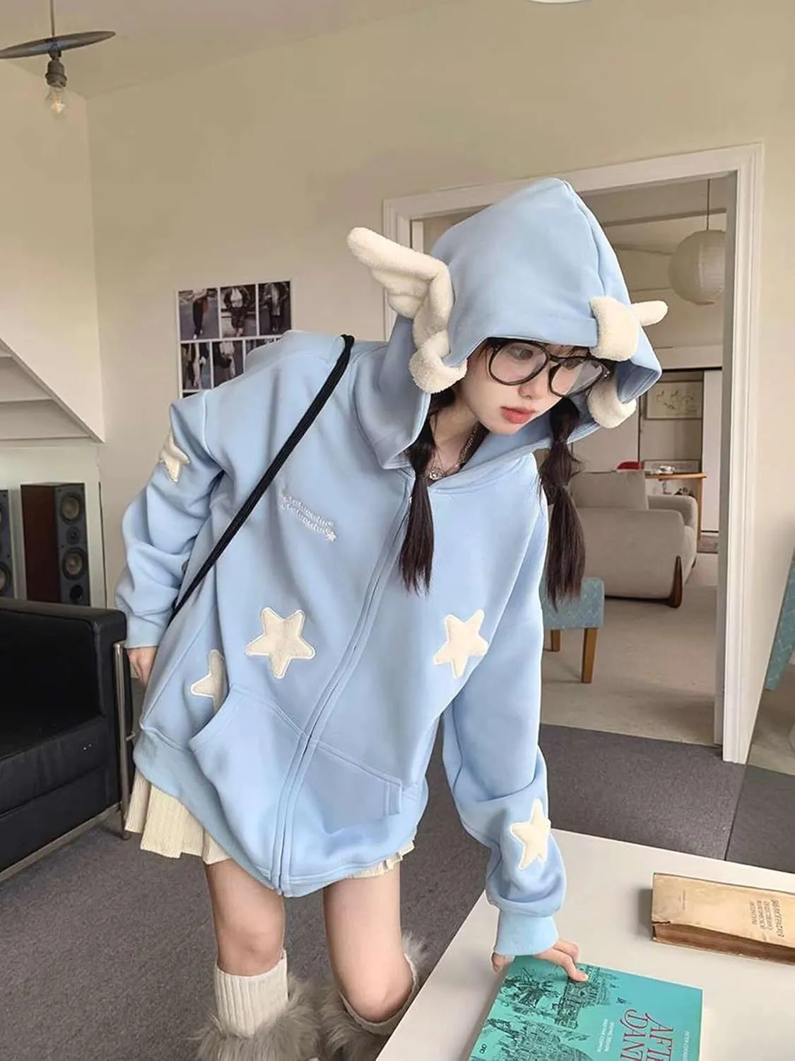 YEMOCILE Women Cute Shark Hoodie Long Sleeve Blue Kawaii Animal Shark Shape Hooded Pullover Sweatshirts