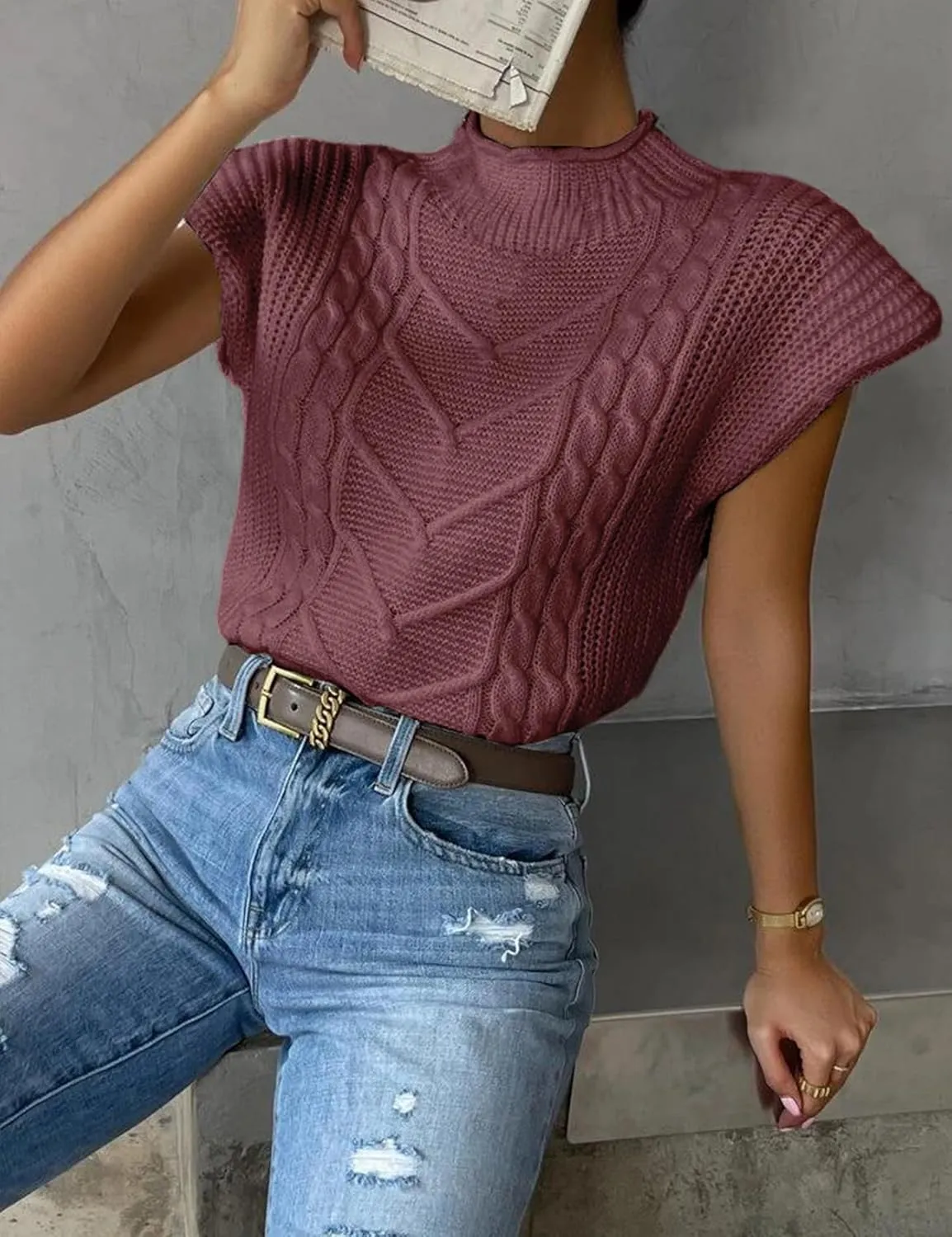 Yimoon Womens Sweater Vest Top Sleeveless Cable Knit Mock Neck Sweater Tank Short Sleeve Shoulder Pad Pullover