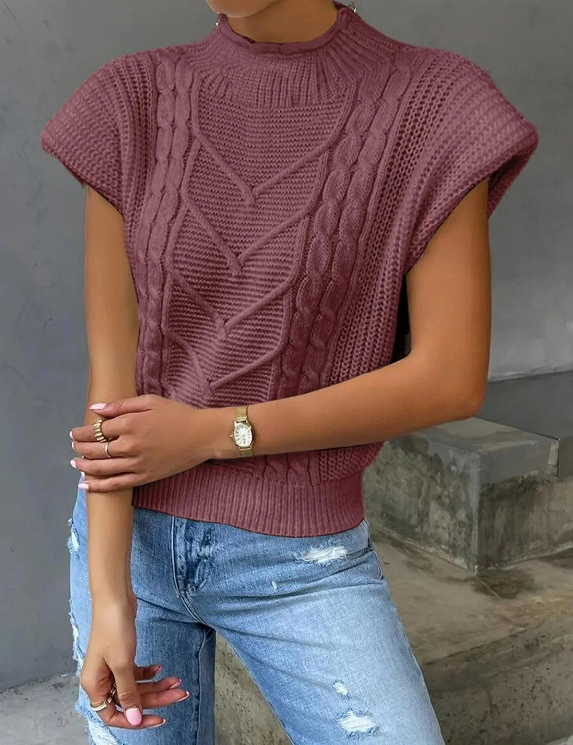Yimoon Womens Sweater Vest Top Sleeveless Cable Knit Mock Neck Sweater Tank Short Sleeve Shoulder Pad Pullover