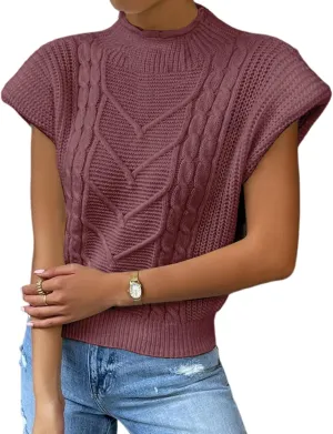 Yimoon Womens Sweater Vest Top Sleeveless Cable Knit Mock Neck Sweater Tank Short Sleeve Shoulder Pad Pullover