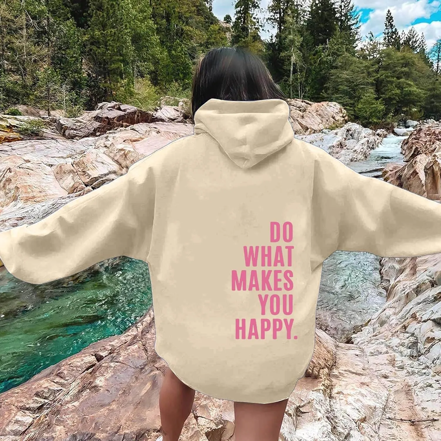 YUHGODO Women Oversized Hoodie Long Sleeve Letter Print Casual Drawstring Cute Preppy Pullover Sweatshirts for Teen Girls