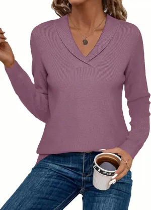 Zeagoo Sweaters for Women Fashion 2024 Fall Long Sleeve Shirts V Neck Collared Knit Pullover Tops Outfits