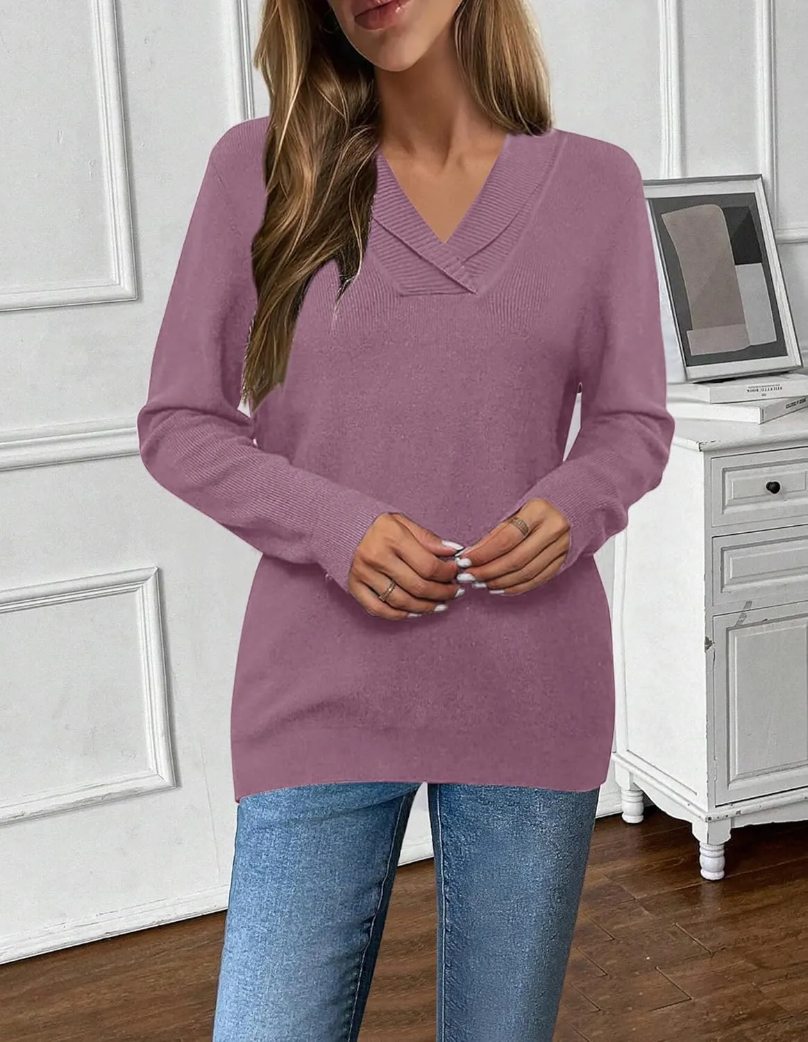 Zeagoo Sweaters for Women Fashion 2024 Fall Long Sleeve Shirts V Neck Collared Knit Pullover Tops Outfits