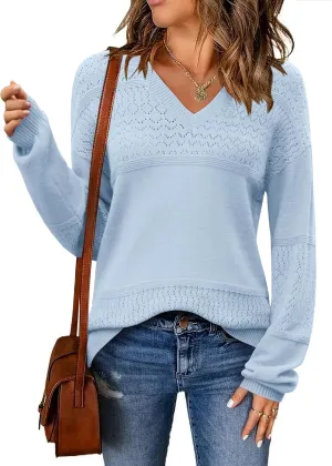 Zeagoo Womens 2025 Fall Sweaters Casual Long Sleeve Ribbed Knit Pullover V Neck Lightweight Crochet Pullover Sweater Top