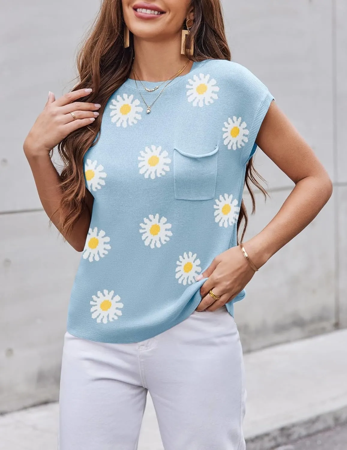 Zeagoo Womens Sweater Vest Fall 2024 Loose Fit Cape Sleeve Knit Ribbed Tank Tops with Front Pocket S-XXL