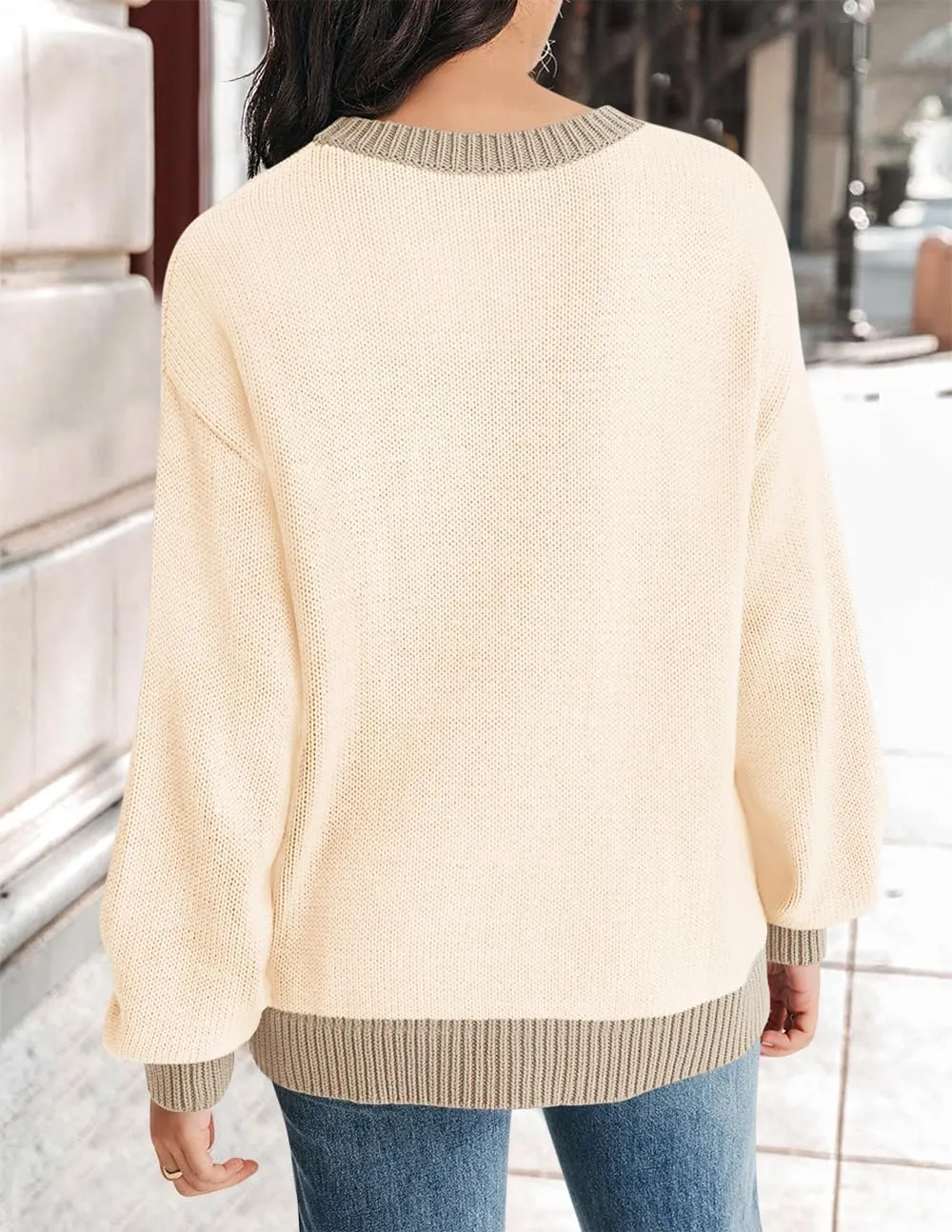 ZESICA Women's Casual Long Sleeve Crew Neck Pullover 2025 Spring Ribbed Knit Loose Contrast Color Sweater Tops
