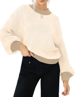 ZESICA Women's Casual Long Sleeve Crew Neck Pullover 2025 Spring Ribbed Knit Loose Contrast Color Sweater Tops