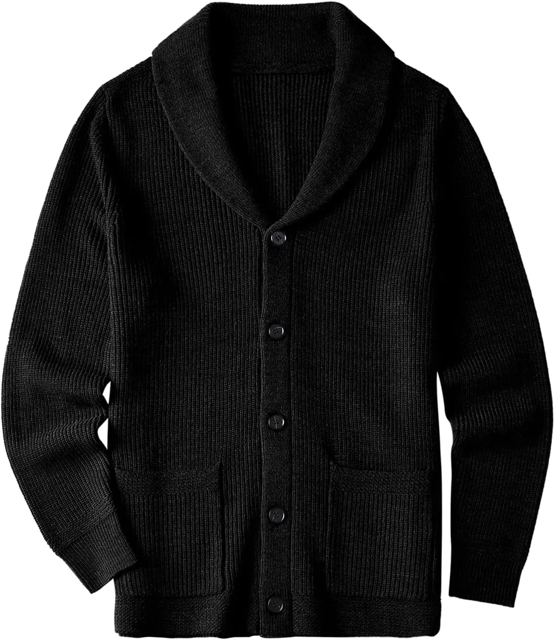 ZHILI Men's Shawl Collar Cardigan Sweater Slim Fit Cable Knit Button up Black Merino Wool Sweater