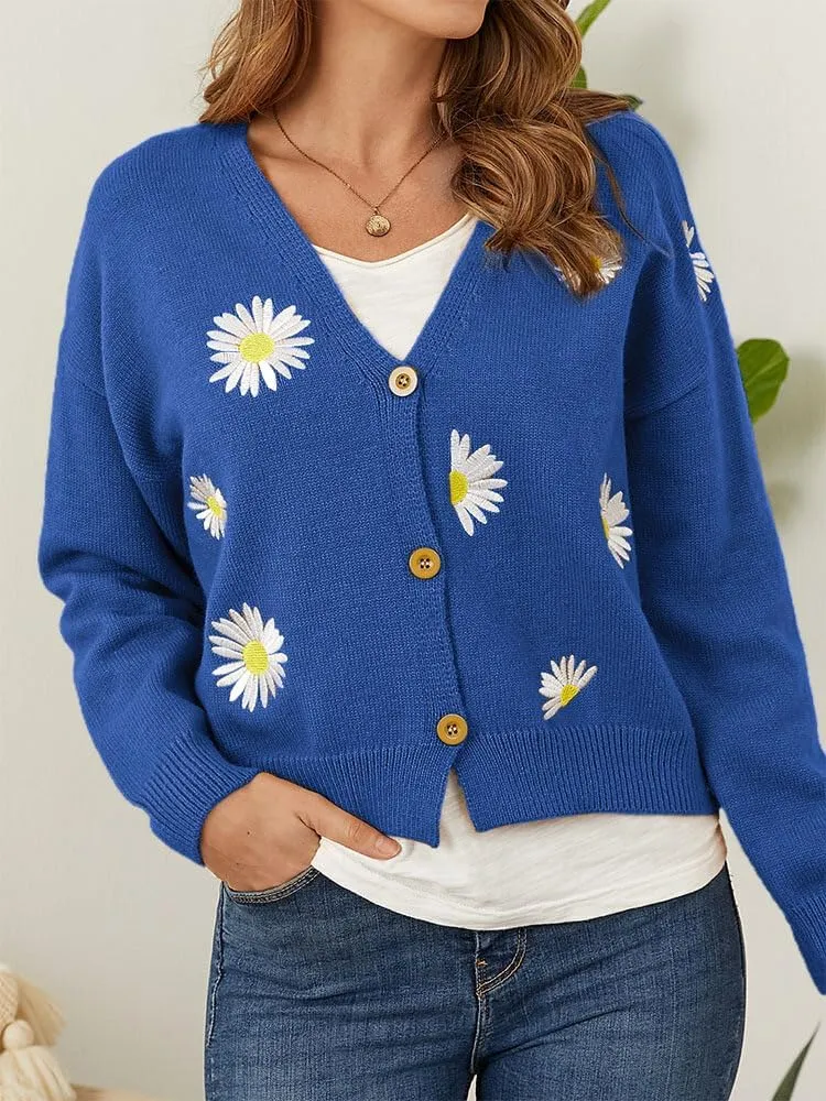 ZOCAVIA Women's Floral Knit Sweaters Cardigan Fall Winter Button Down Open Front Casual Flower Embroidered Cropped Sweaters