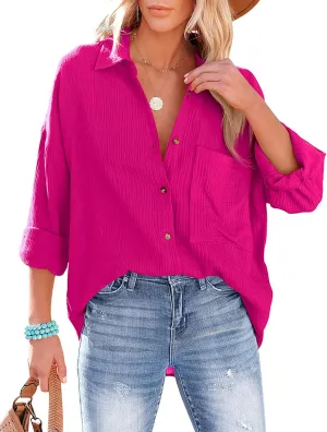 Zontroldy Oversized Button Down Long Sleeve Shirts for Women Solid Color Casual Boyfriend Shirt Boluse Tops