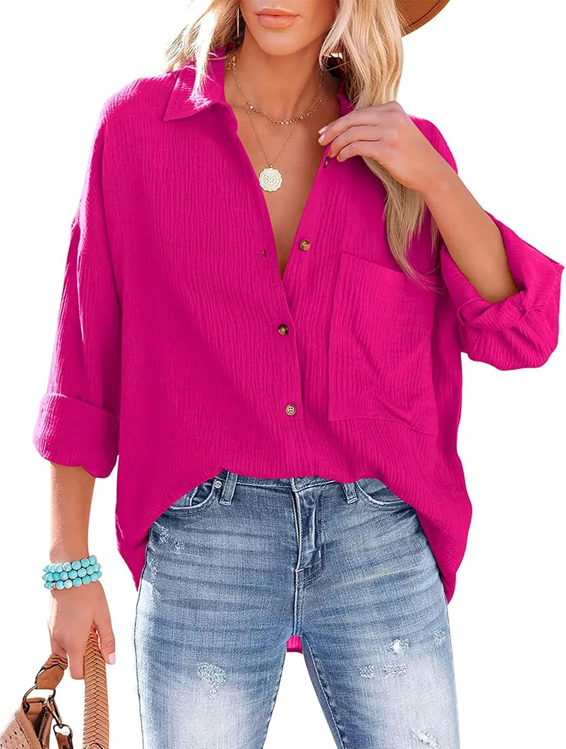 Zontroldy Oversized Button Down Long Sleeve Shirts for Women Solid Color Casual Boyfriend Shirt Boluse Tops