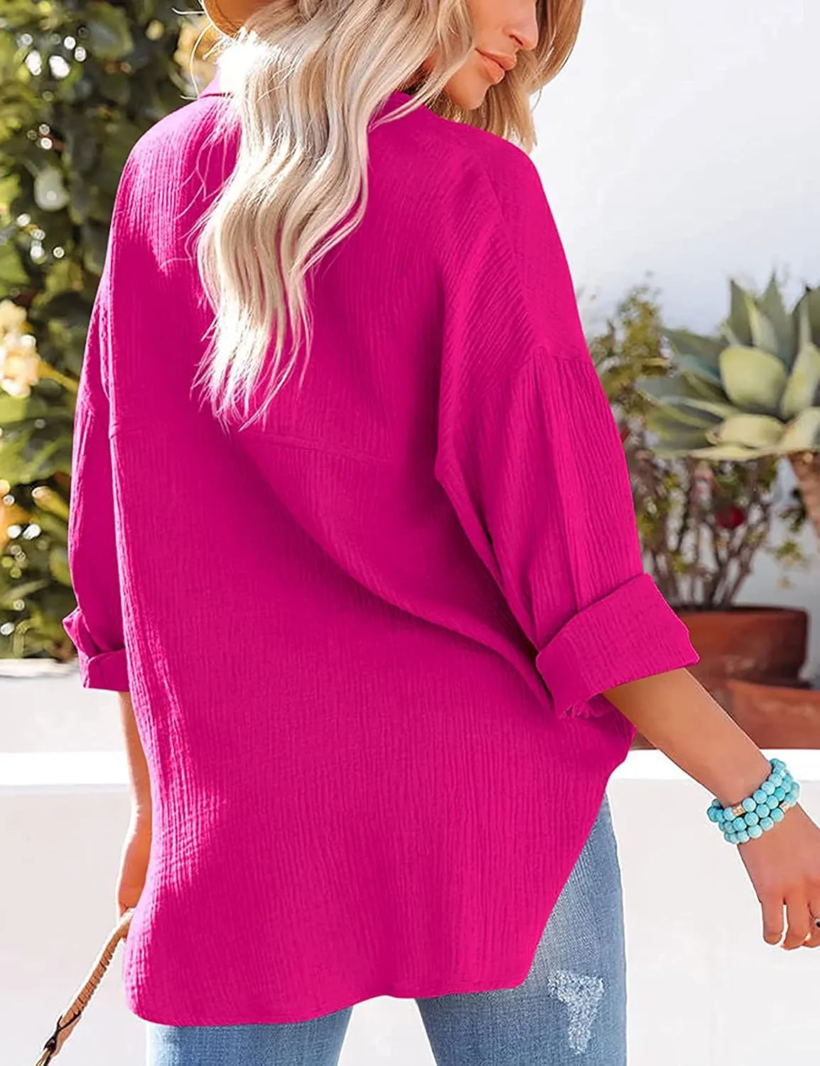 Zontroldy Oversized Button Down Long Sleeve Shirts for Women Solid Color Casual Boyfriend Shirt Boluse Tops