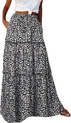 ZYXTIM Womens Flowy Boho Maxi Skirt Tiered Elastic High Waist Pleated Long Skirts Summer Hawaiian Resort Wear for Lady