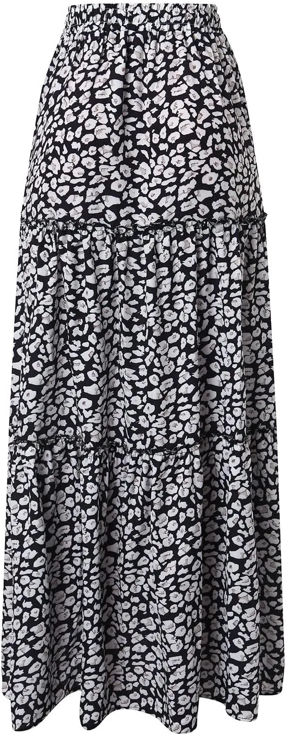 ZYXTIM Womens Flowy Boho Maxi Skirt Tiered Elastic High Waist Pleated Long Skirts Summer Hawaiian Resort Wear for Lady