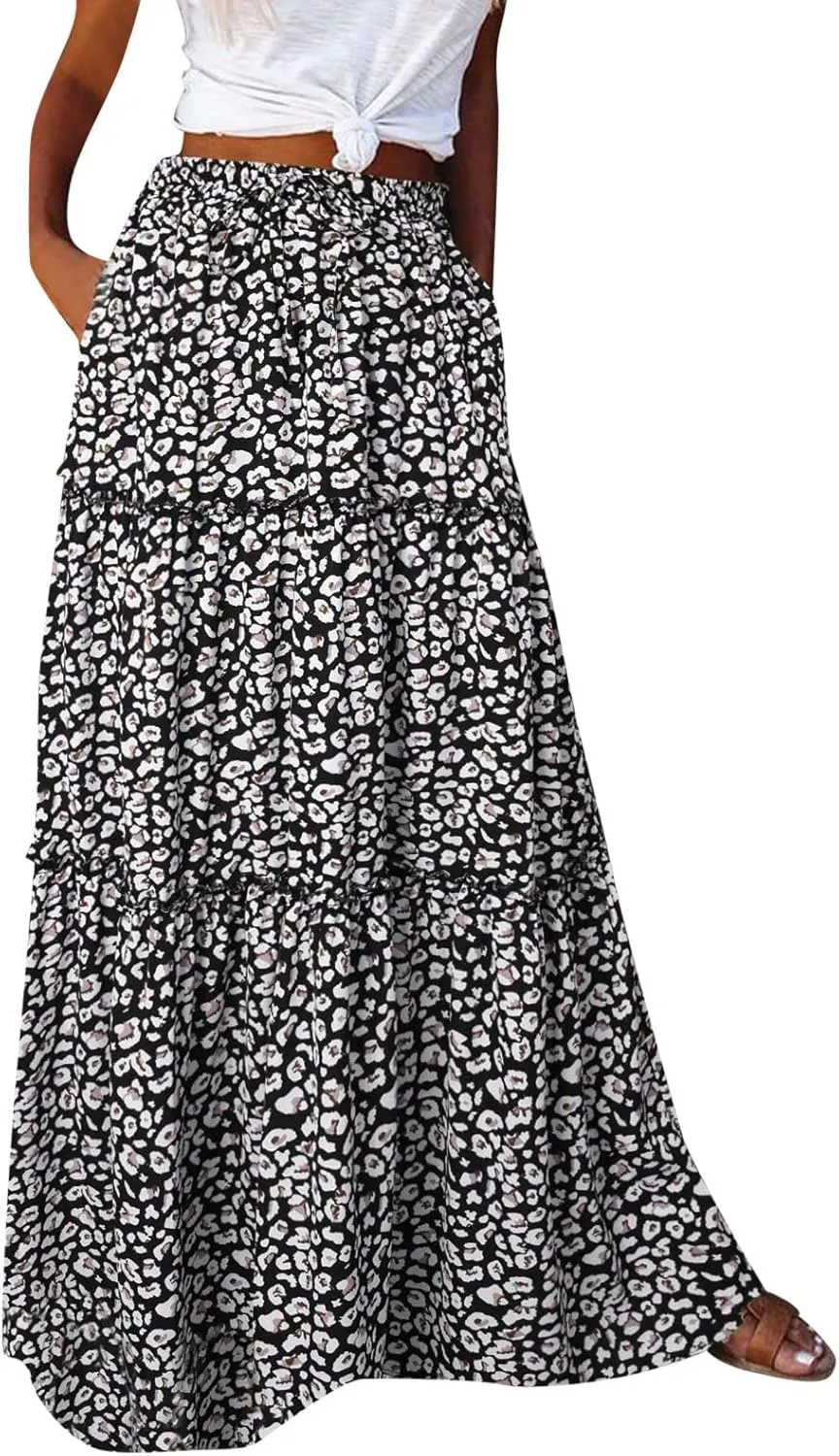 ZYXTIM Womens Flowy Boho Maxi Skirt Tiered Elastic High Waist Pleated Long Skirts Summer Hawaiian Resort Wear for Lady