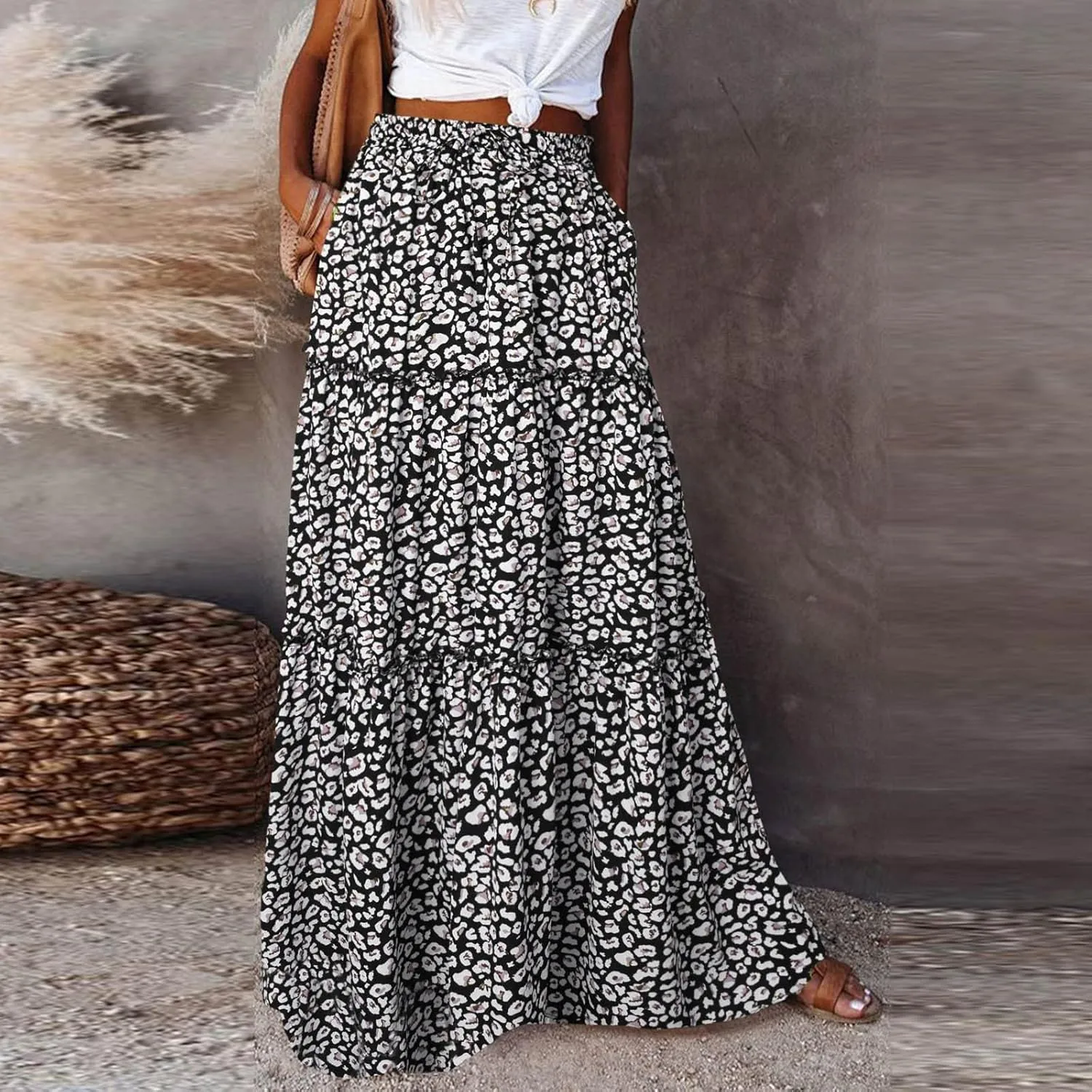 ZYXTIM Womens Flowy Boho Maxi Skirt Tiered Elastic High Waist Pleated Long Skirts Summer Hawaiian Resort Wear for Lady